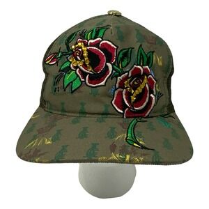 Christian Audigier Rose Embroidery Trucker Hat Green Rhinestone Snapback Y2K